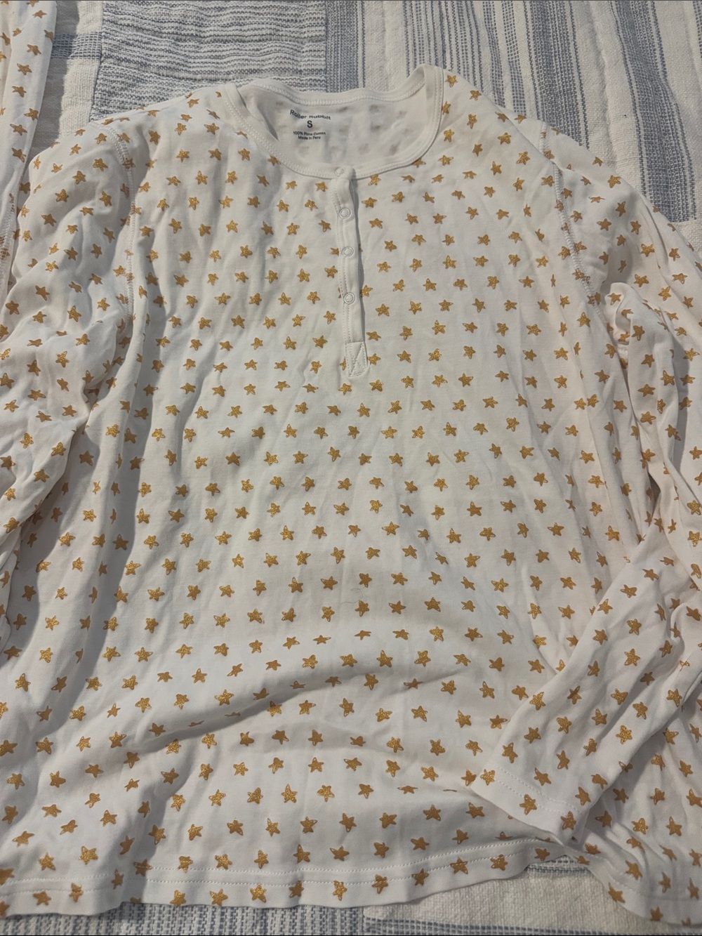 Roller Rabbit Cream Long-Sleeve Henley Pajama Set with Gold Stars